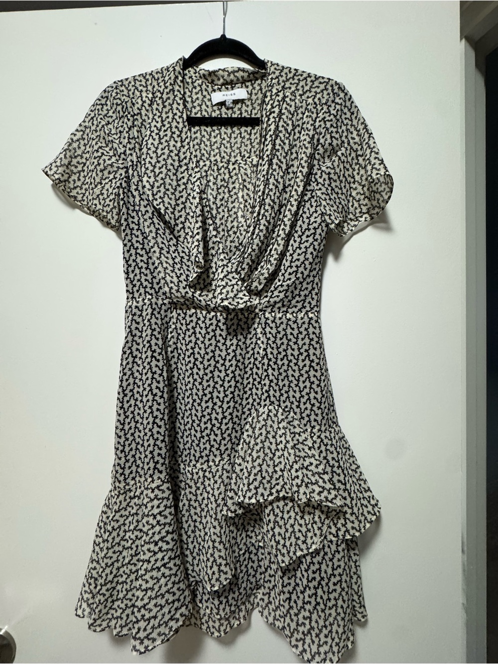 Reiss Cream and Black Printed Wrap-Style Ruffle Dress